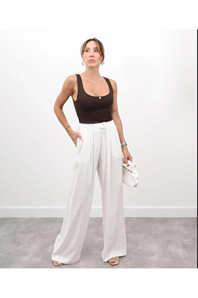 Maldia Shop Women's Elastic Waist Pleated Detail White Linen Palazzo Trousers