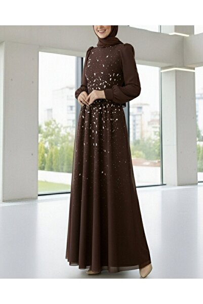 Modamorfo Lined Tulle Evening Dress with Stone Detail on the Front - Brown