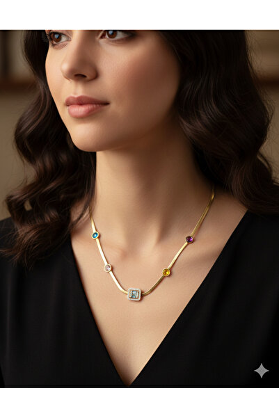 Jewerly Kadın Işıltılı renkli taş kolye