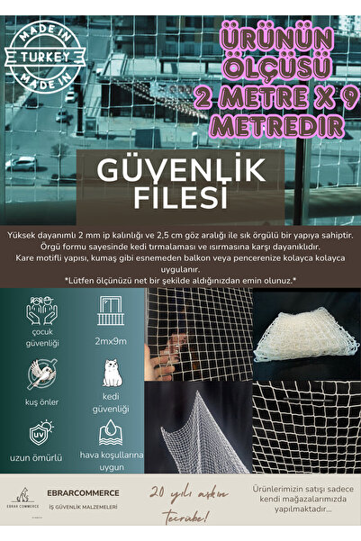 ebrarcommerce Balkon filesi 2mx 9 Metre kalın ve sık dokunmuş kedi çocuk filesi