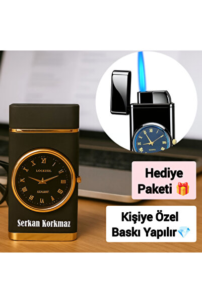 TrendÜrünlerim Kişiye Özel Isim Baskılı Özel Yapım Saatli Çakmak Turbo Işıklı Rüzgara Dayanıklı Çakmak