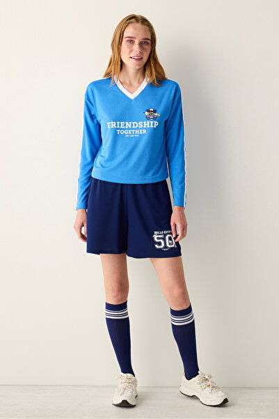 Penti Top albastru cu mânecă lungă cu decolteu rotund cu imprimeu Sanrio