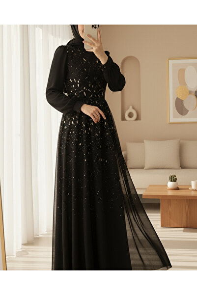 Modamorfo Lined Tulle Evening Dress with Stone Detail on the Front - Black
