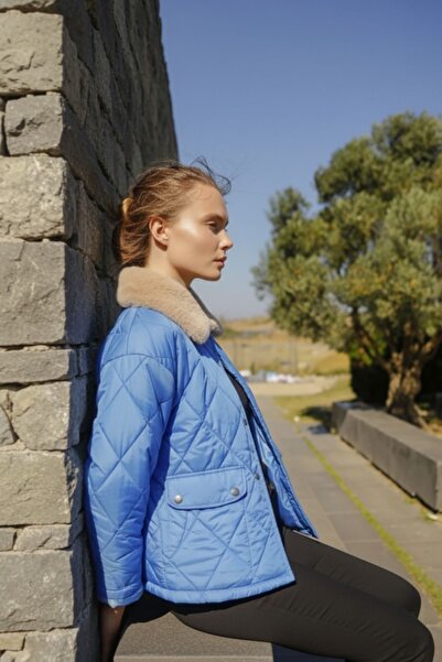 comstar Жіночий пальто з хутряним коміром і бахромою, синій