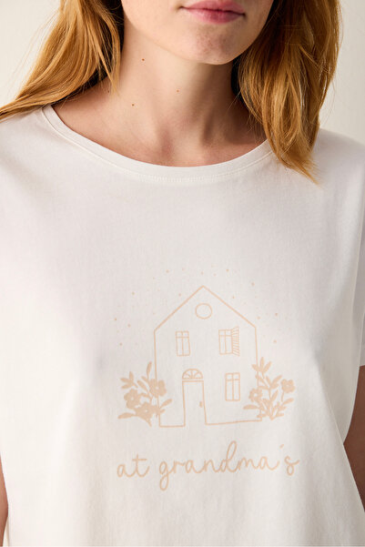 Penti Βαμβακερό λουλουδάτο υπόλευκο μπλουζάκι πιτζάμα