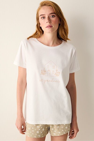 Penti Βαμβακερό λουλουδάτο υπόλευκο μπλουζάκι πιτζάμα