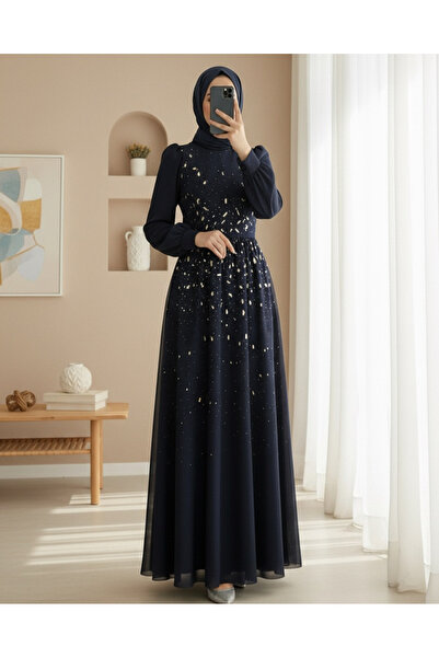 Modamorfo Lined Tulle Evening Dress with Stone Detail on the Front - Navy Blue