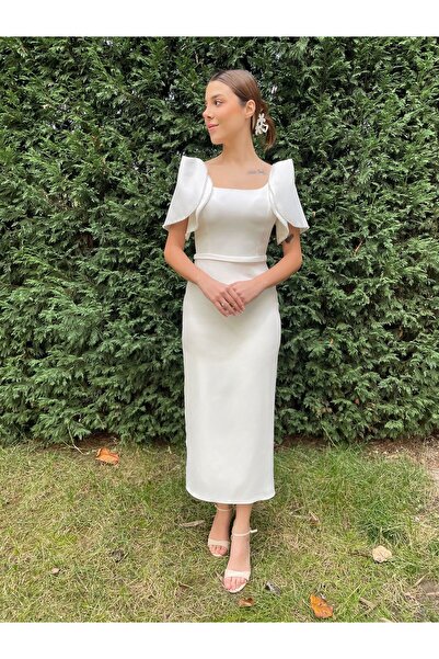 Seri Beyaz Krep Kumaş Kristal Boncuk İşlemeli Kapak Kollu Midi Abiye