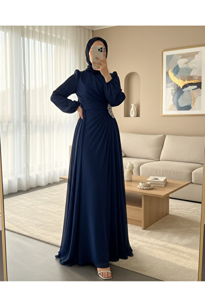 Modamorfo Βραδινό φόρεμα Janjan με λεπτομέρεια από πέτρα και ελαστική λαβή - Ναυτικό