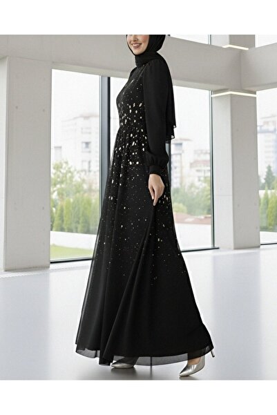 Modamorfo Lined Tulle Evening Dress with Stone Detail on the Front - Black