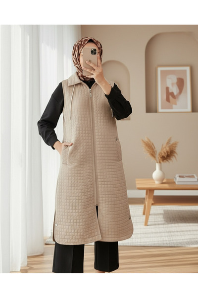 Modamorfo Long Quilted Vest with Zippered Hooded Pockets - Stone