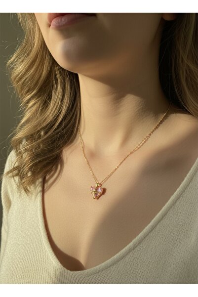 Kokoş Çelik kolye taş detay pembe kalpli