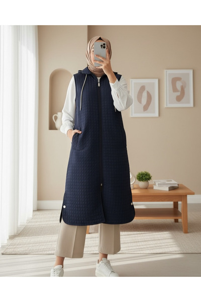 Modamorfo Long Quilted Vest with Zippered Hooded Pockets - Navy