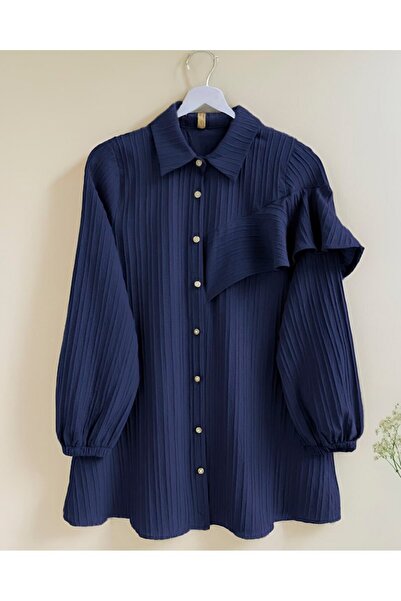 Modamorfo Elastic Tunic with Ruffle Detail on the Sleeves - Navy