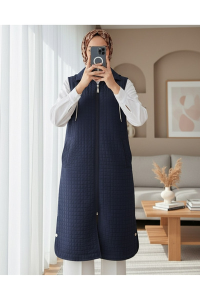 Modamorfo Long Quilted Vest with Zippered Hooded Pockets - Navy