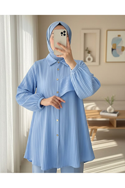 Modamorfo Elastic Tunic with Ruffle Detail on the Sleeve - Baby Blue