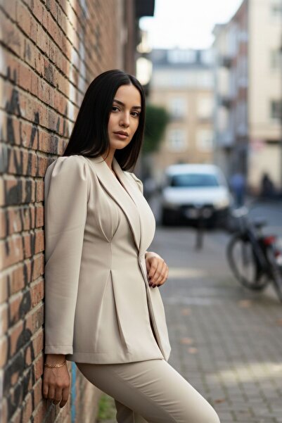 comstar Women's Buttoned Trousers Jacket Cream Double Set