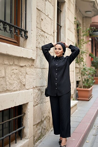 comstar Women's Patterned Shirt Loose Pants Bottom Top Black Double Set