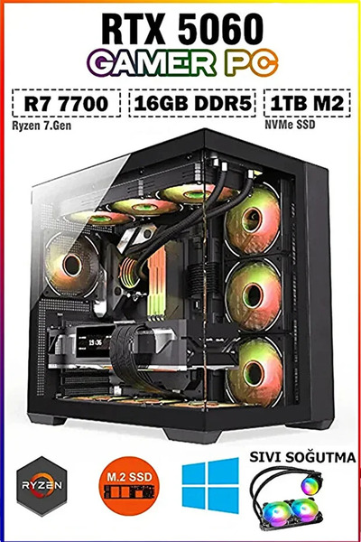 Dmc N341 Windows 11 Ryzen 7 7700 16GB DDR5 RAM,1TB M.2,8GB RTX5060 Sıvı Soğutmalı Oyuncu Bilgisayarı