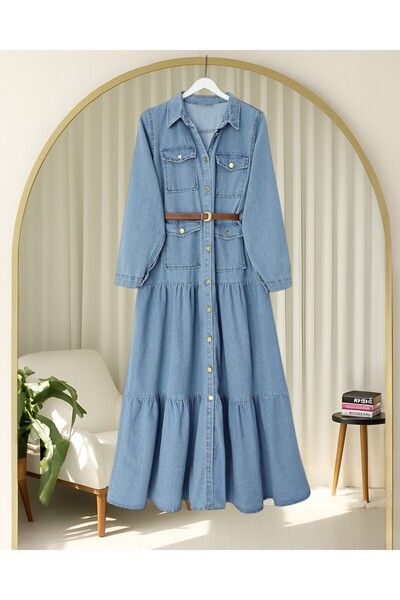 Modamorfo Buttoned Pocket Belted Denim Dress - Blue