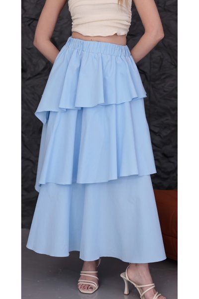 Dagü Design Women's Modest Wear Layered Flounce Ruffled Blue Poplin Long Skirt
