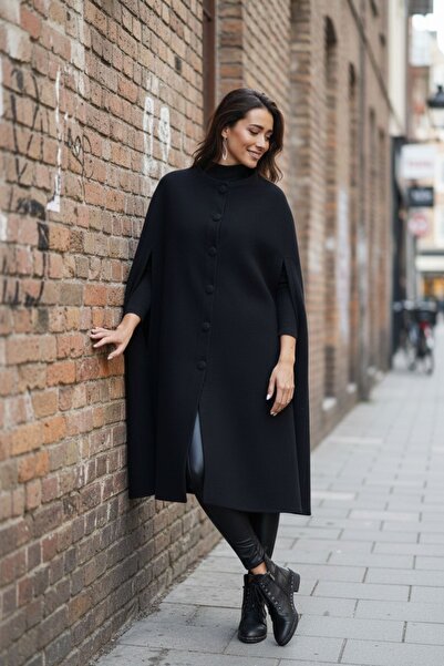 comstar Women's Trendy Buttoned Black Cashmere Cape Poncho