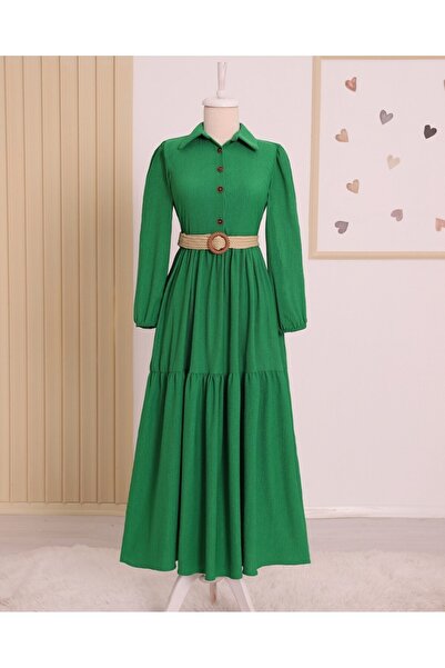 Modamorfo Πράσινο τσαλακωμένο φόρεμα - Κομμάτια, μισά κουμπιά και ζώνη