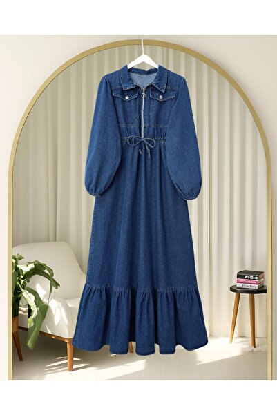 Modamorfo Τζιν φόρεμα με ελαστικό μανίκι, κορδόνι στη μέση και τσέπες - Ναυτικό