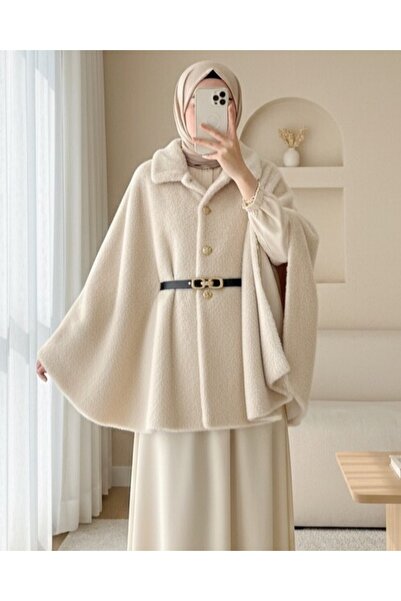 Modamorfo Gold Button Detail Belted Alcantara Poncho -Beige