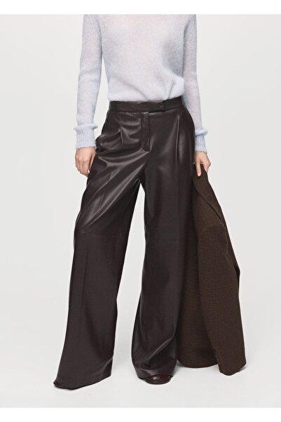 MANGO Woman Deri görünümlü wide leg pantolon