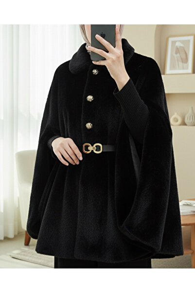 Modamorfo Gold Button Detail Belted Alcantara Poncho -Black