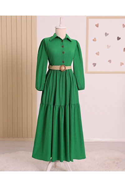 Modamorfo Πράσινο τσαλακωμένο φόρεμα - Κομμάτια, μισά κουμπιά και ζώνη