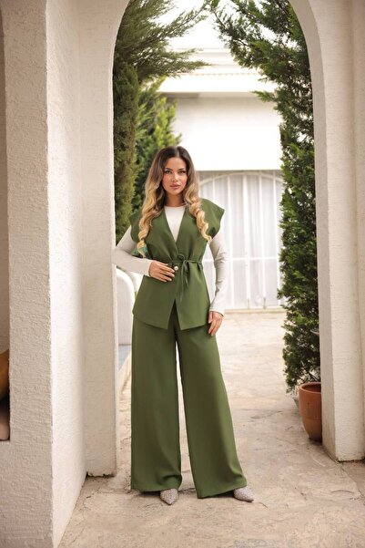 comstar Kadın Şık Uzun Yelek Bol Paça Palazzo Pantolon Yelekli Takım