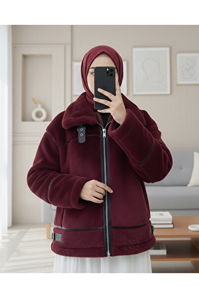 Modamorfo Reverse Detail Plush Laminated Leather Detailed Coat - Burgundy