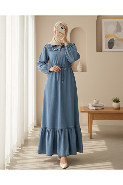 Modamorfo Τζιν φόρεμα με ελαστικό μανίκι, κορδόνι στη μέση και τσέπες - Μπλε