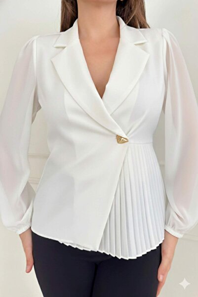 ZISHAN Piliseli Kadın Ceket Metal Düğme Detaylı Kolları Tül Şık ve Modern Tas...