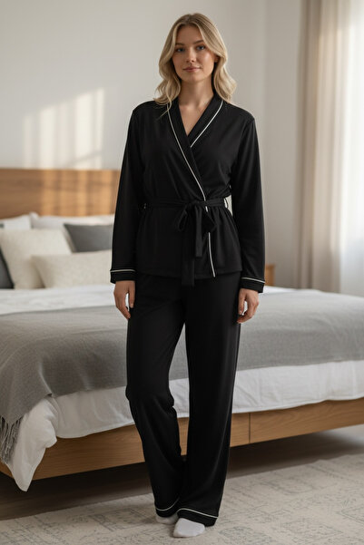 VIEN POLO Biyeli Kadın Pijama Takımı Siyah