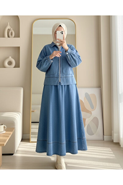 Modamorfo Denim Suit with Front Zipper and Double Pockets - Ice Blue