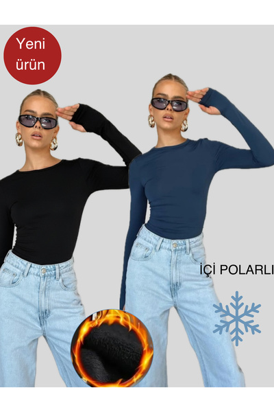 glanour بلوزة نسائية سوداء بياقة دائرية وتفاصيل على الأصابع مع بطانة صوف داخلية، طقم من قطعتين