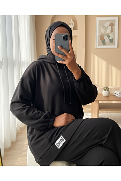 Modamorfo Hooded Arma Detailed Combed Cotton Suit - Black