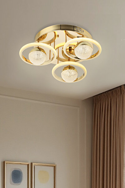 Luence Serhat Avize Elya 3’lü Gold LED Plafonyer Avize – 3 Renk Işıklı, Moder...