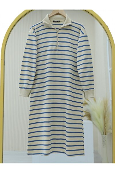 Modamorfo Half-High Collar Zippered Striped Tunic - Indigo
