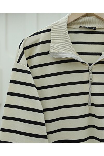 Modamorfo Half-High Collar Zippered Striped Tunic -Black