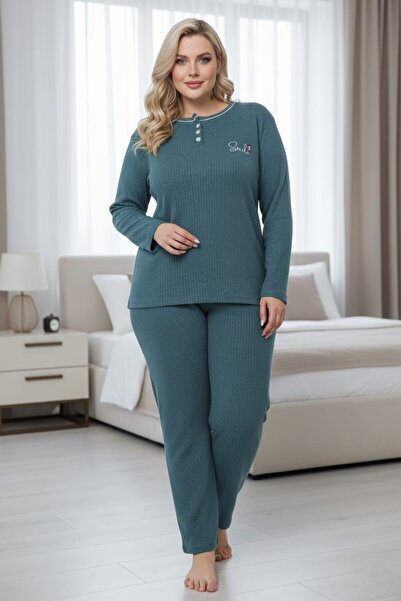 Eyfuze Set de pijamale interlock cu mâneci lungi, cu guler, cu nasturi, de iarnă