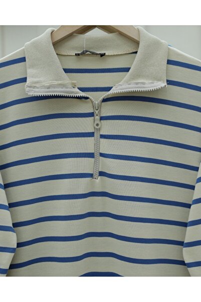 Modamorfo Half-High Collar Zippered Striped Tunic - Indigo