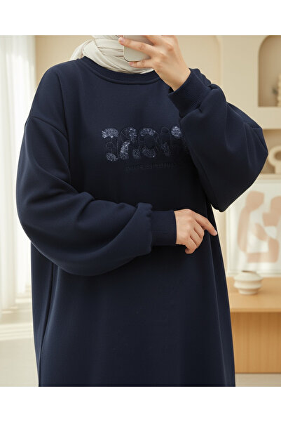 Modamorfo Three Thread Sweater with Sequin Detail and Written Front - Navy Blue