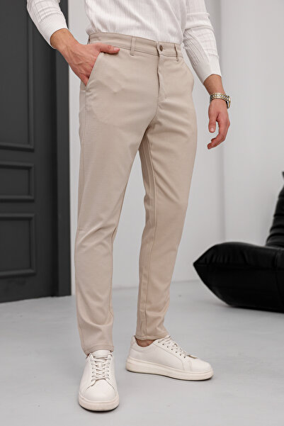 MODAMESTO Ανδρικό εφαρμοστό Μπεζ ελαστικό ύφασμα Λινό Παντελόνι