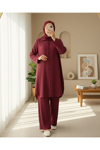Modamorfo Buttoned Long Trousers Crinkle Suit - Burgundy