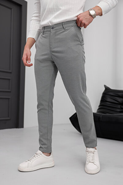 MODAMESTO Ανδρικό εφαρμοστό Σκούρο Γκρι ελαστικό ύφασμα Λινό Παντελόνι