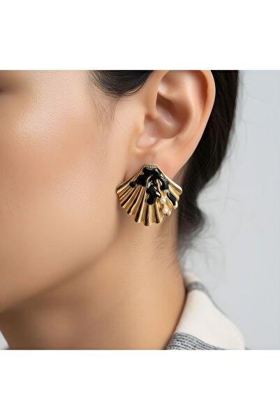 Snartun Gold Black Detailed Shell Shaped Earrings – Modern and Stylish Women'...